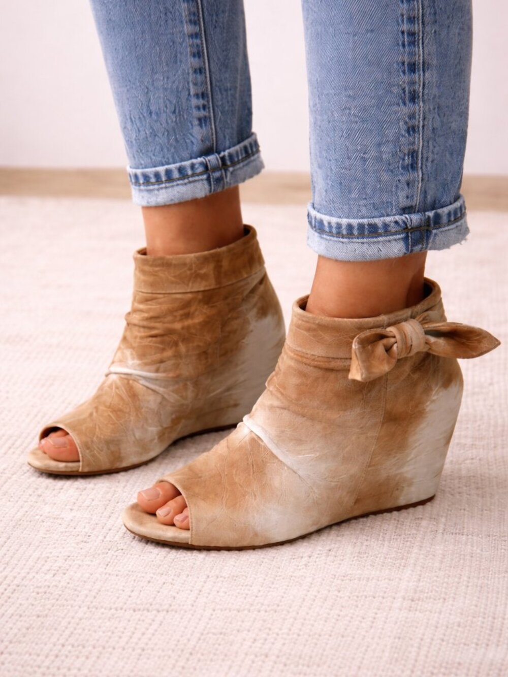 80%20 Leather Peep Toe Hidden Wedge Ankle Booties Tan Gray Boho Size 8